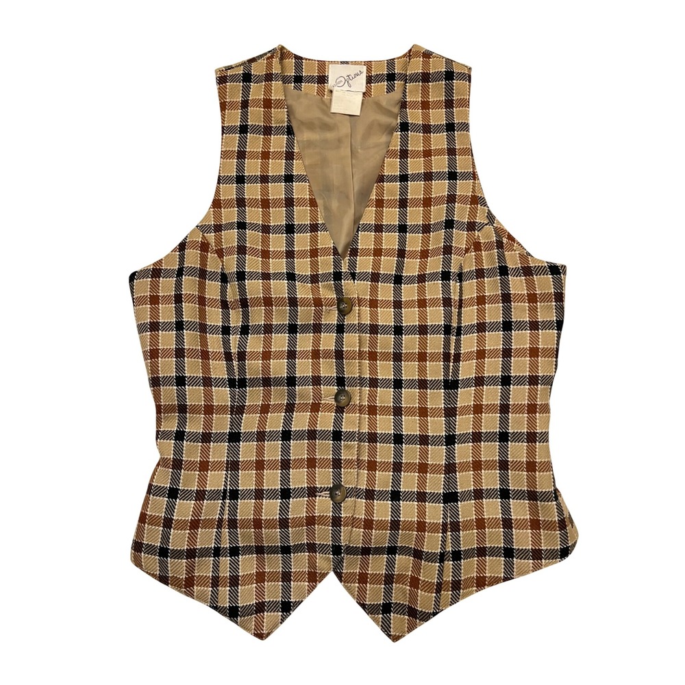 Vintage Tan Brown Black Plaid Button Front Preppy Dark Academia Vest Size S